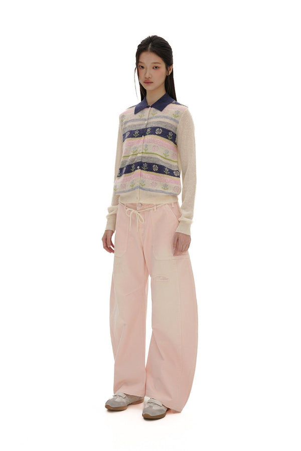 Contrast Colorful Striped Floral Knit Cardigan - COPPING THREADS - MOROMORO