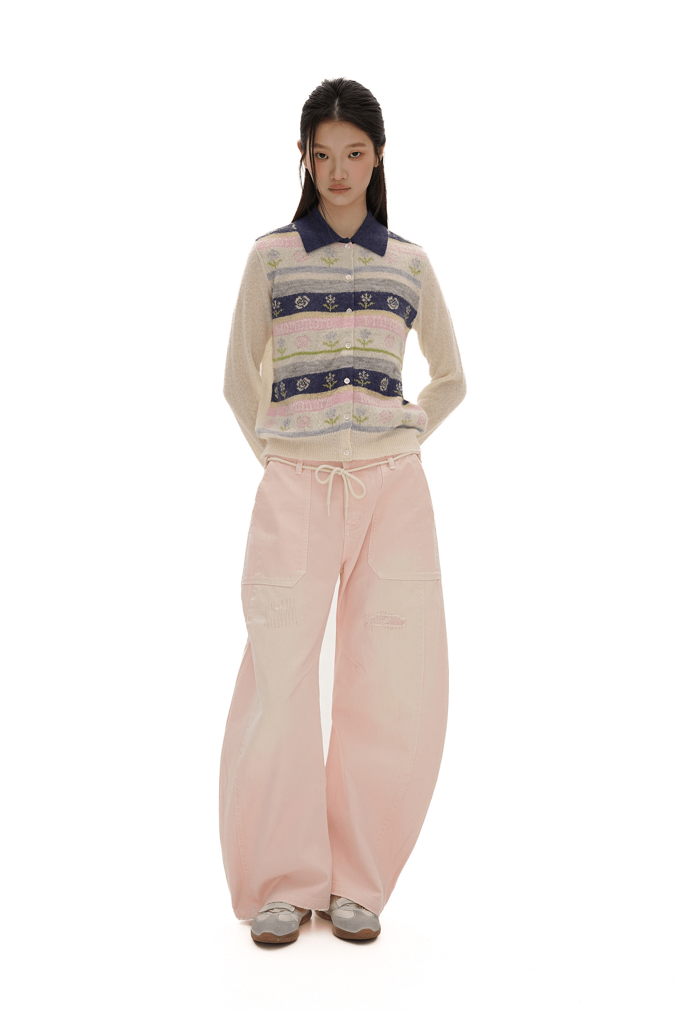 Contrast Colorful Striped Floral Knit Cardigan - COPPING THREADS - MOROMORO