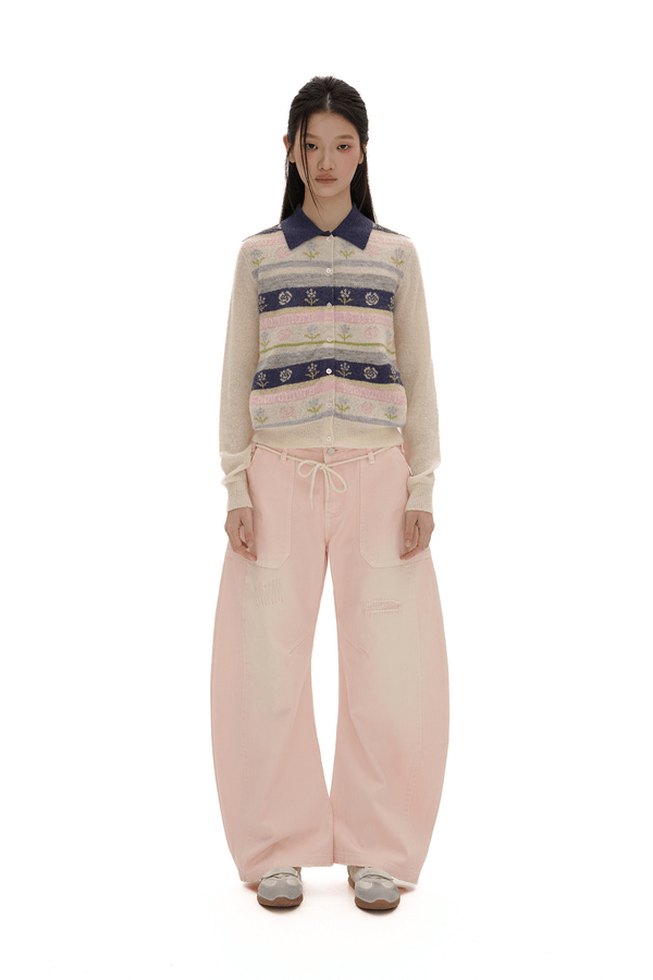Contrast Colorful Striped Floral Knit Cardigan - COPPING THREADS - MOROMORO