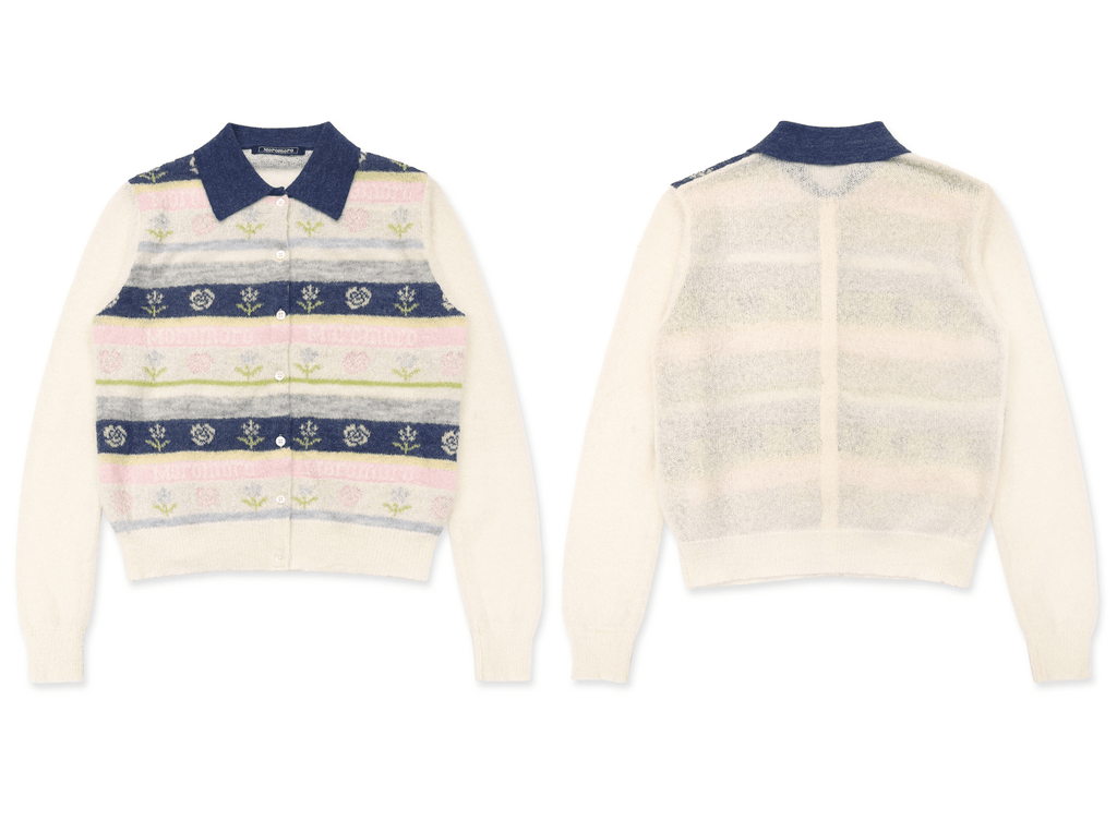 Contrast Colorful Striped Floral Knit Cardigan - COPPING THREADS - MOROMORO