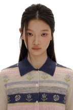 Contrast Colorful Striped Floral Knit Cardigan - COPPING THREADS - MOROMORO