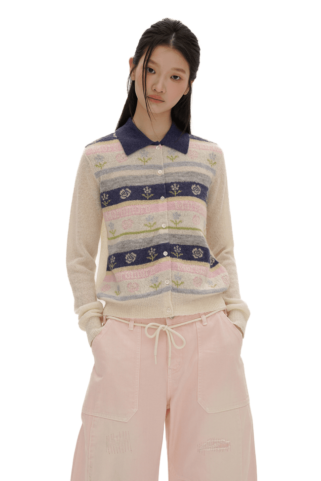Contrast Colorful Striped Floral Knit Cardigan - COPPING THREADS - MOROMORO Hover Image