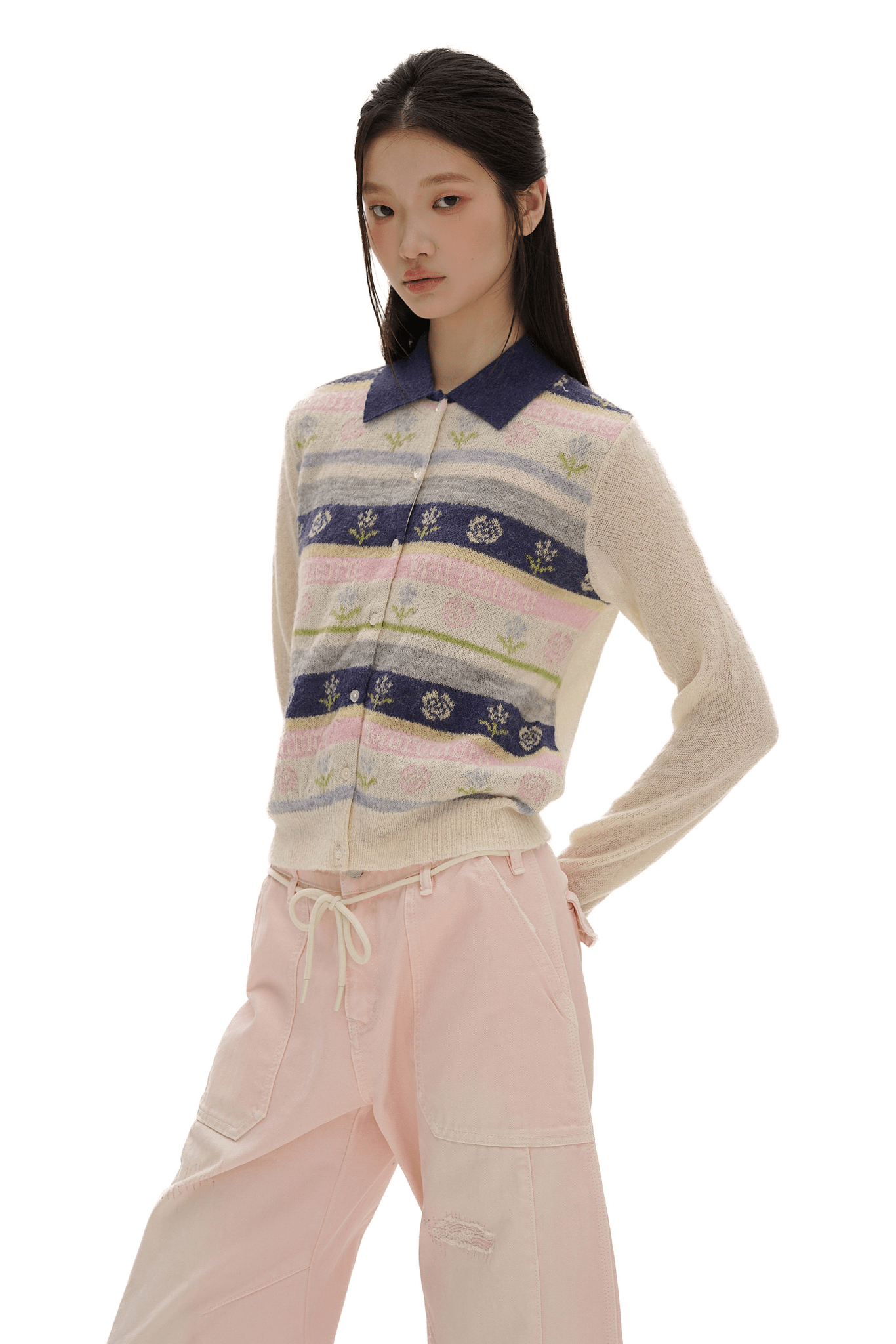 Contrast Colorful Striped Floral Knit Cardigan - COPPING THREADS - MOROMORO