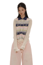 Contrast Colorful Striped Floral Knit Cardigan - COPPING THREADS - MOROMORO