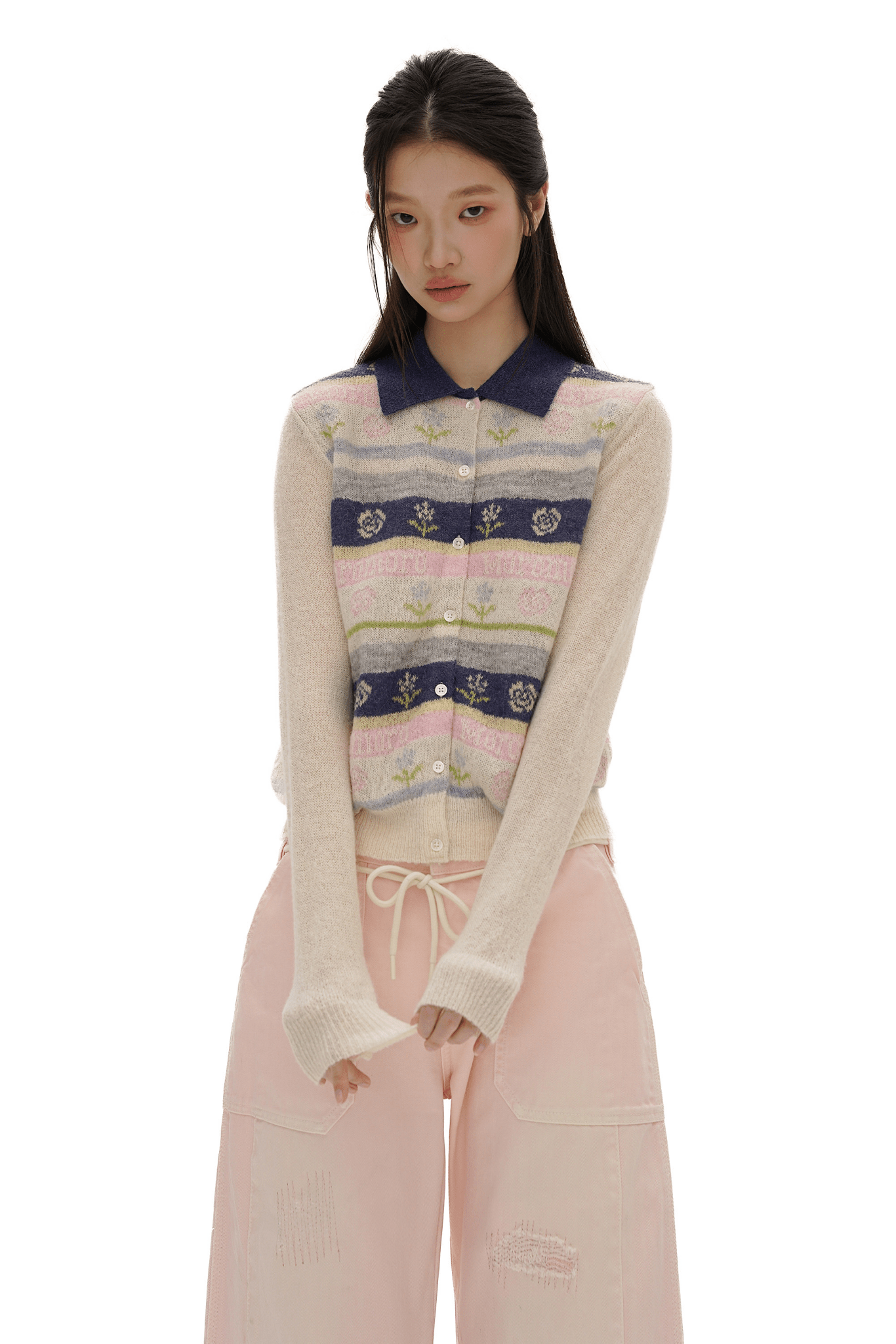 Contrast Colorful Striped Floral Knit Cardigan - COPPING THREADS - MOROMORO