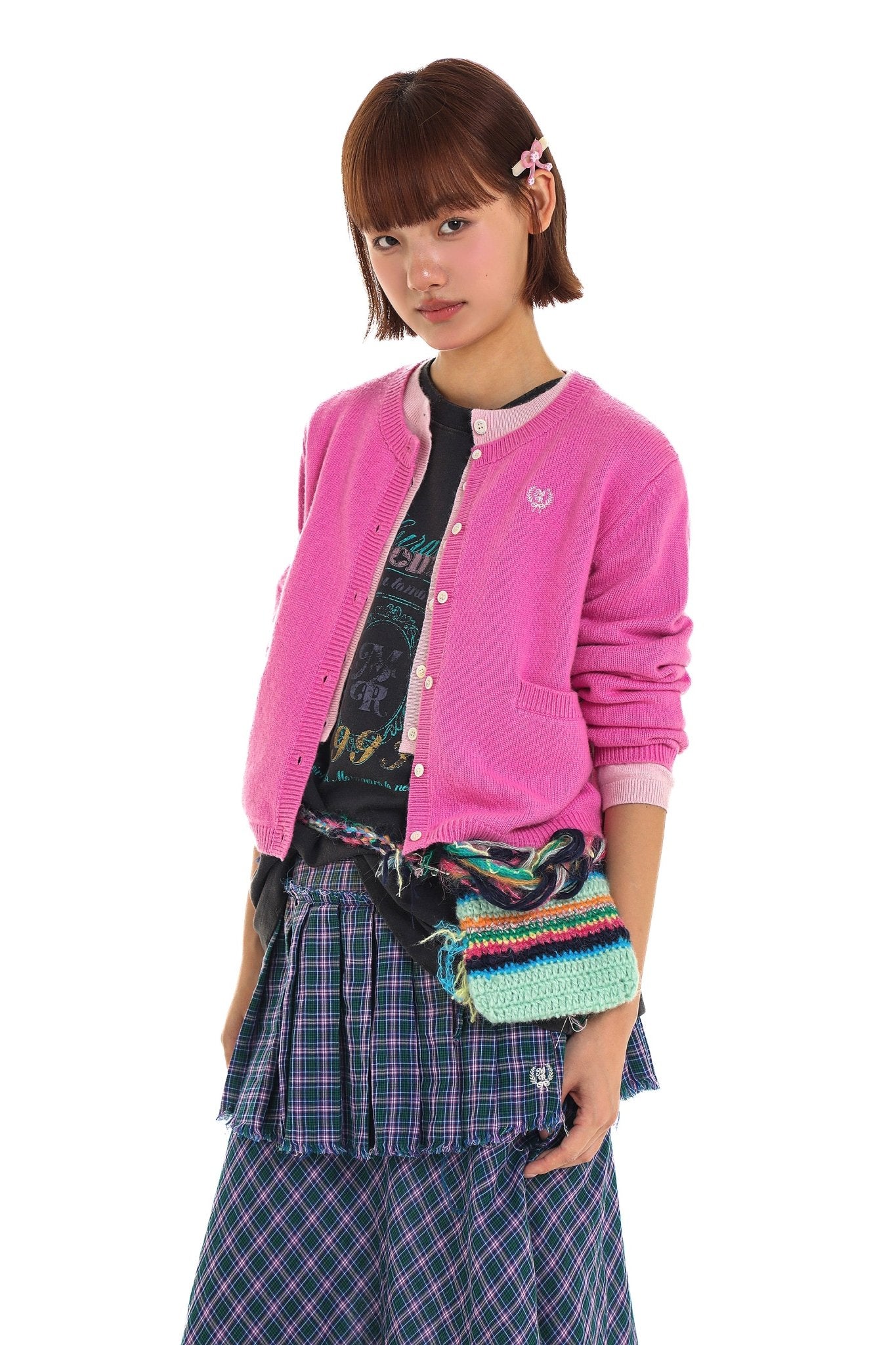 Contrast Layered Look Shell Button Knit Cardigan - COPPING THREADS - MOROMORO