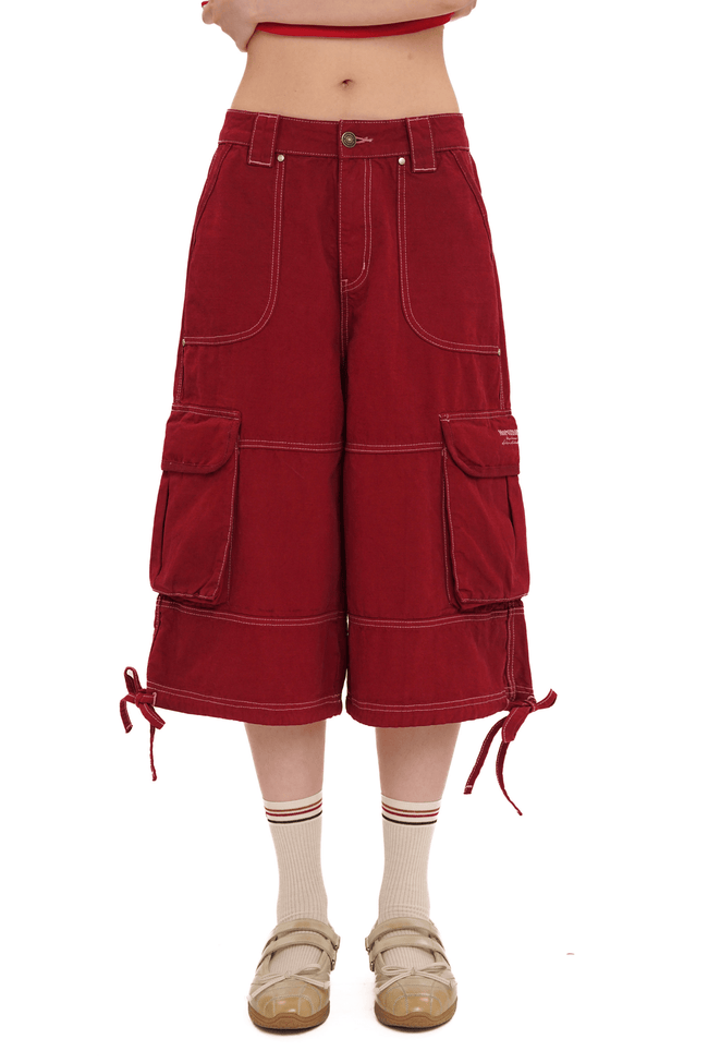 Contrast Stitch Utility Cargo Jorts - COPPING THREADS - MOROMORO Hover Image