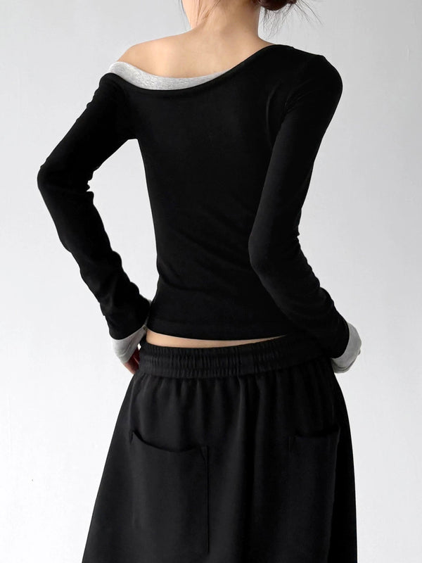 Contrast-Trim Asymmetric Long-Sleeve Top - COPPING THREADS - CT ORIGINALS