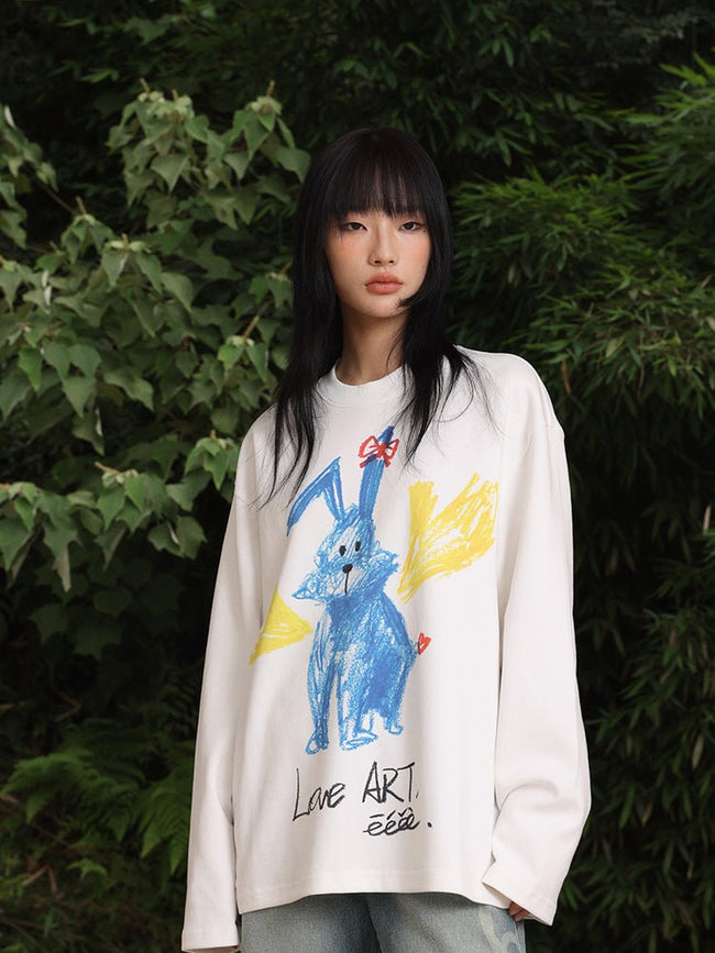 Crayon Hand - drawn Rabbit Print Heavyweight Long Sleeve Shirt - COPPING THREADS - ARTMONSTER Hover Image