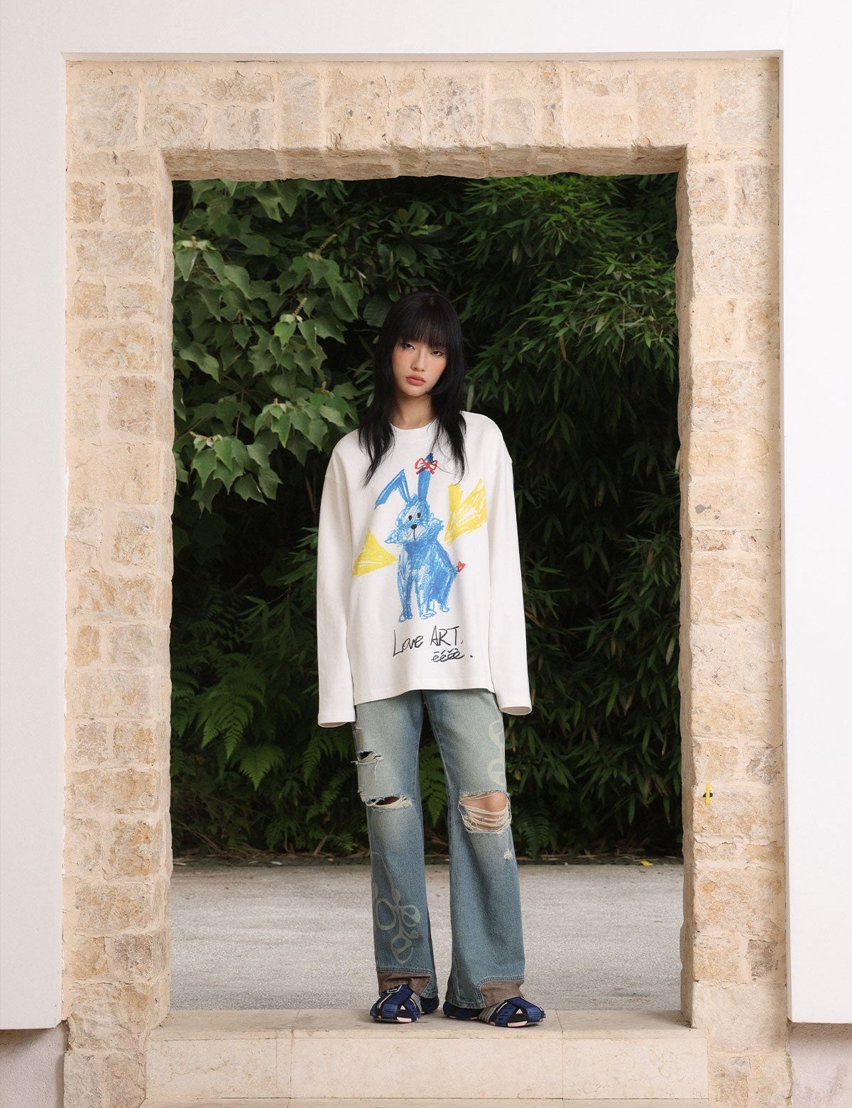 Crayon Hand - drawn Rabbit Print Heavyweight Long Sleeve Shirt - COPPING THREADS - ARTMONSTER