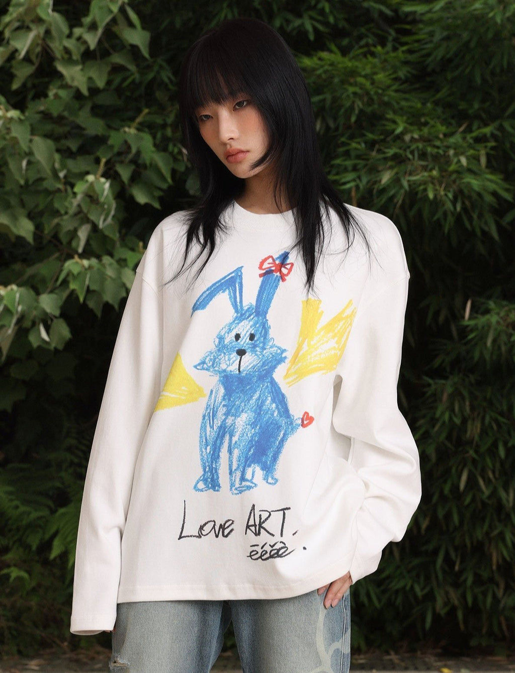 Crayon Hand - drawn Rabbit Print Heavyweight Long Sleeve Shirt - COPPING THREADS - ARTMONSTER