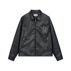 Cross Star Patchwork Embroidery Litchi Leather Jacket - COPPING THREADS - Harsh and Cruel