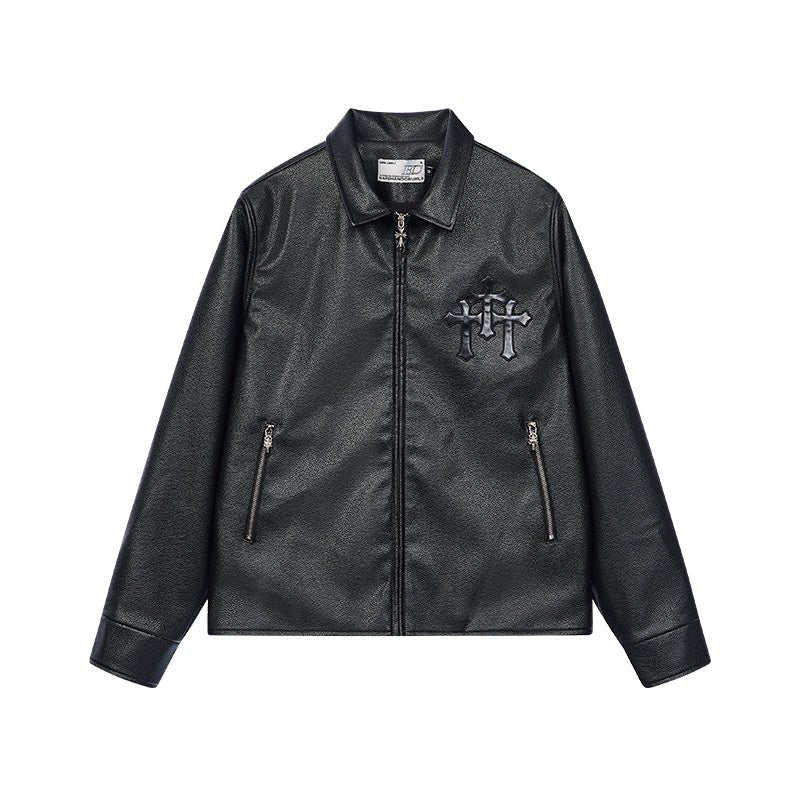 Cross Star Patchwork Embroidery Litchi Leather Jacket - COPPING THREADS - Harsh and Cruel