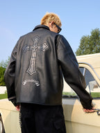 Cross Star Patchwork Embroidery Litchi Leather Jacket - COPPING THREADS - Harsh and Cruel