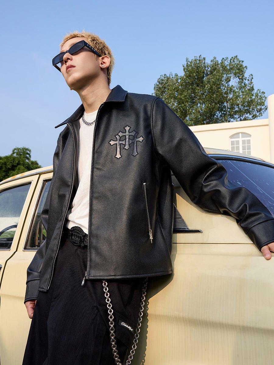 Cross Star Patchwork Embroidery Litchi Leather Jacket - COPPING THREADS - Harsh and Cruel 메인 이미지