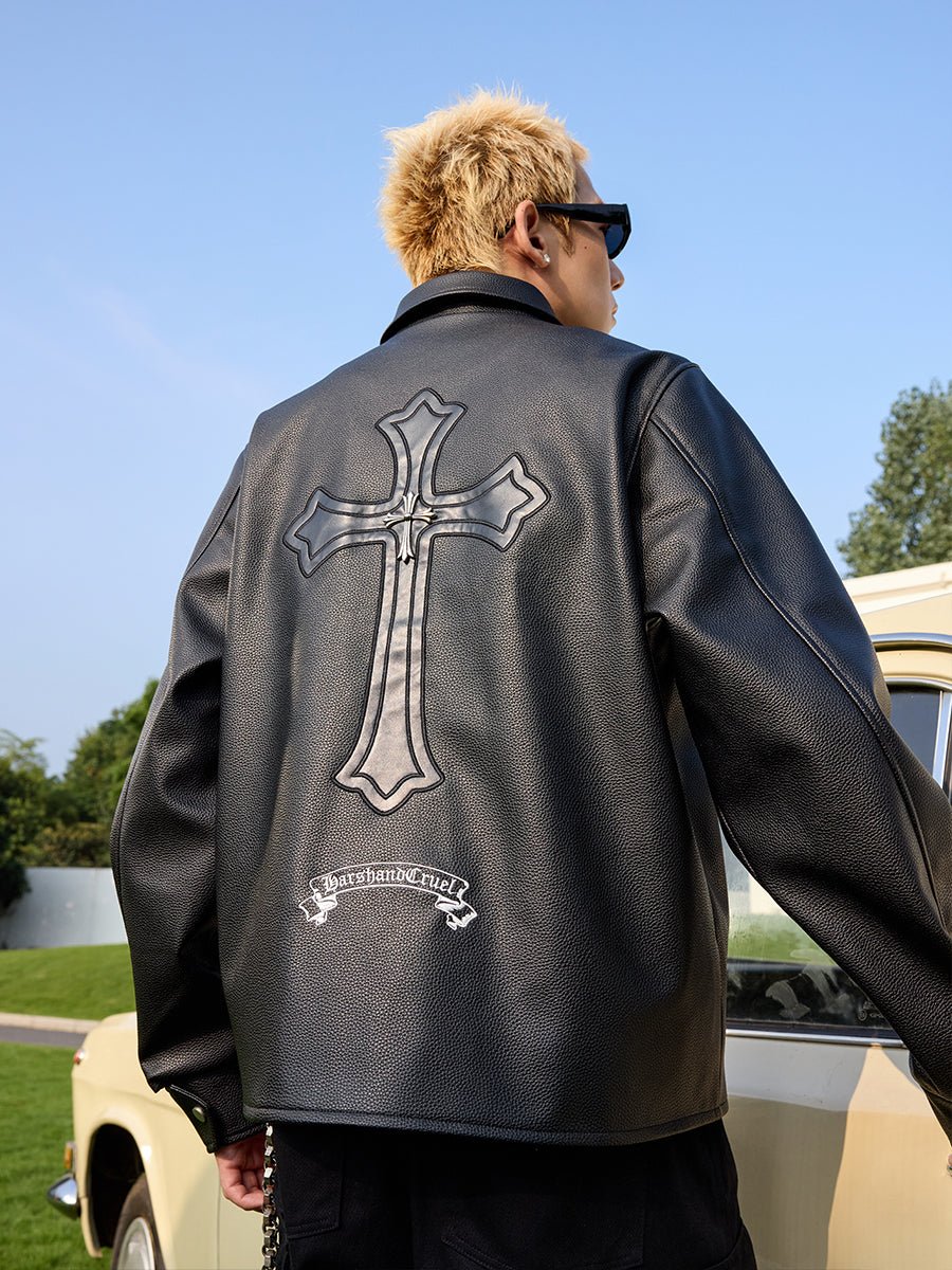 Cross Star Patchwork Embroidery Litchi Leather Jacket - COPPING THREADS - Harsh and Cruel