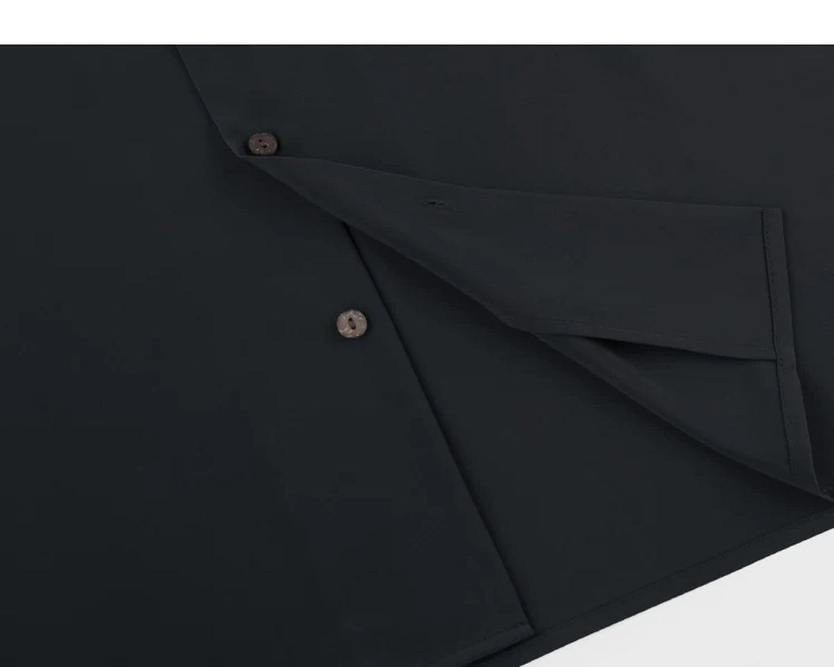 IDLT short sleeve shirt, black button placket and hem.