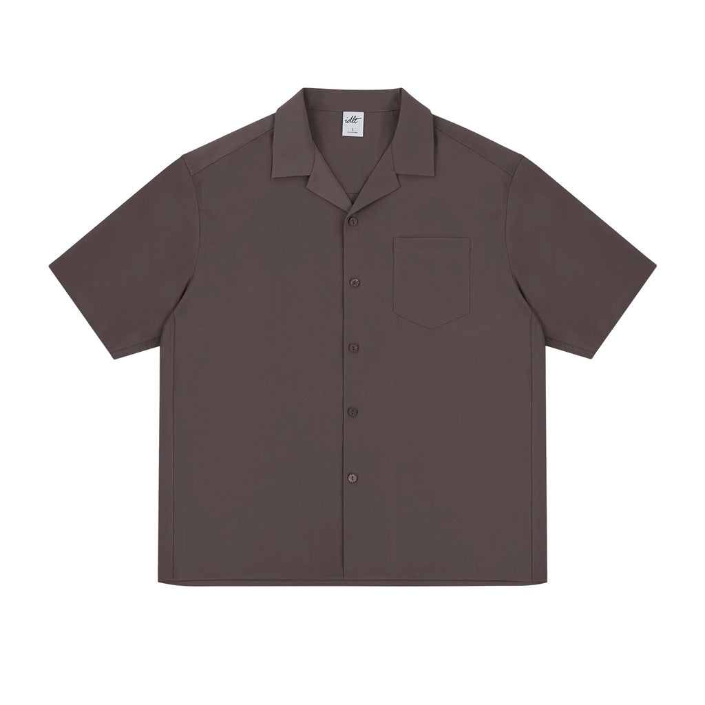 Boxy Camp-Collar Shirt, coffee brown front view.