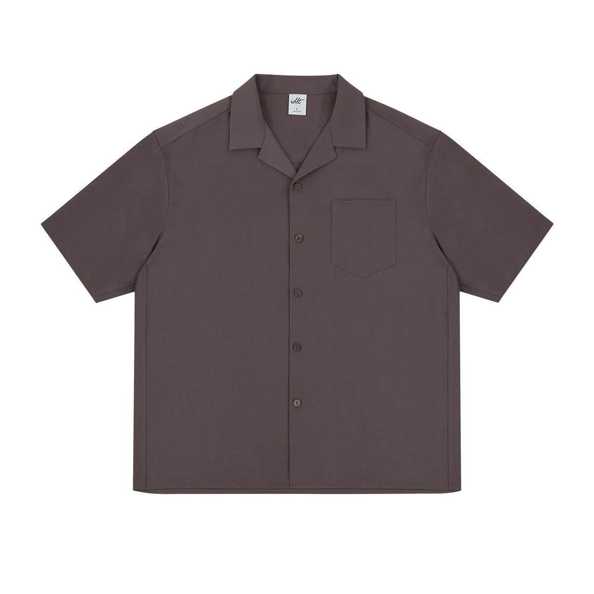 Boxy Camp-Collar Shirt, coffee brown front view.