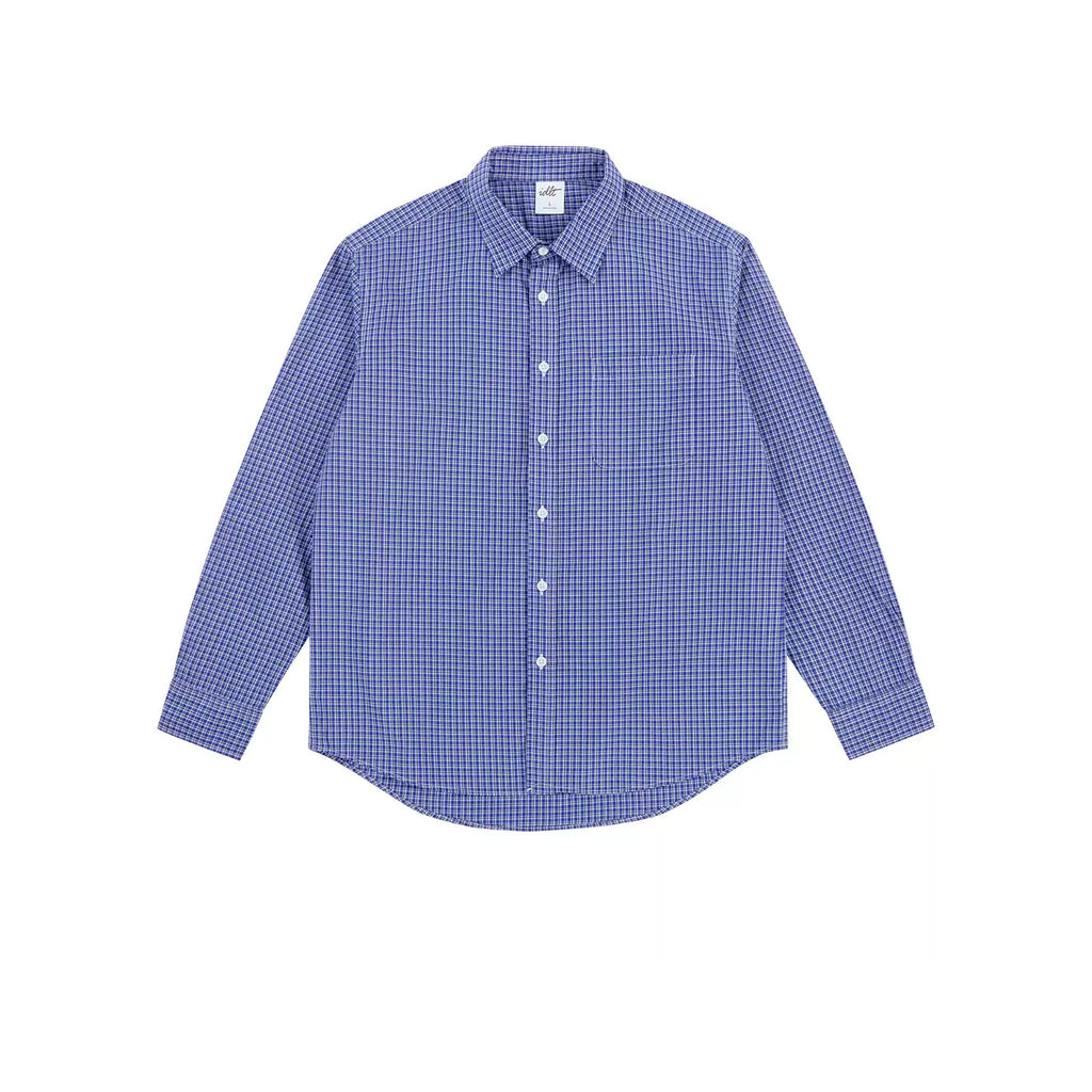 IDLT plaid shirt, blue front.