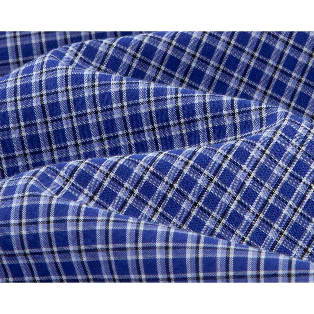 IDLT plaid shirt, blue plaid fabric folds.
