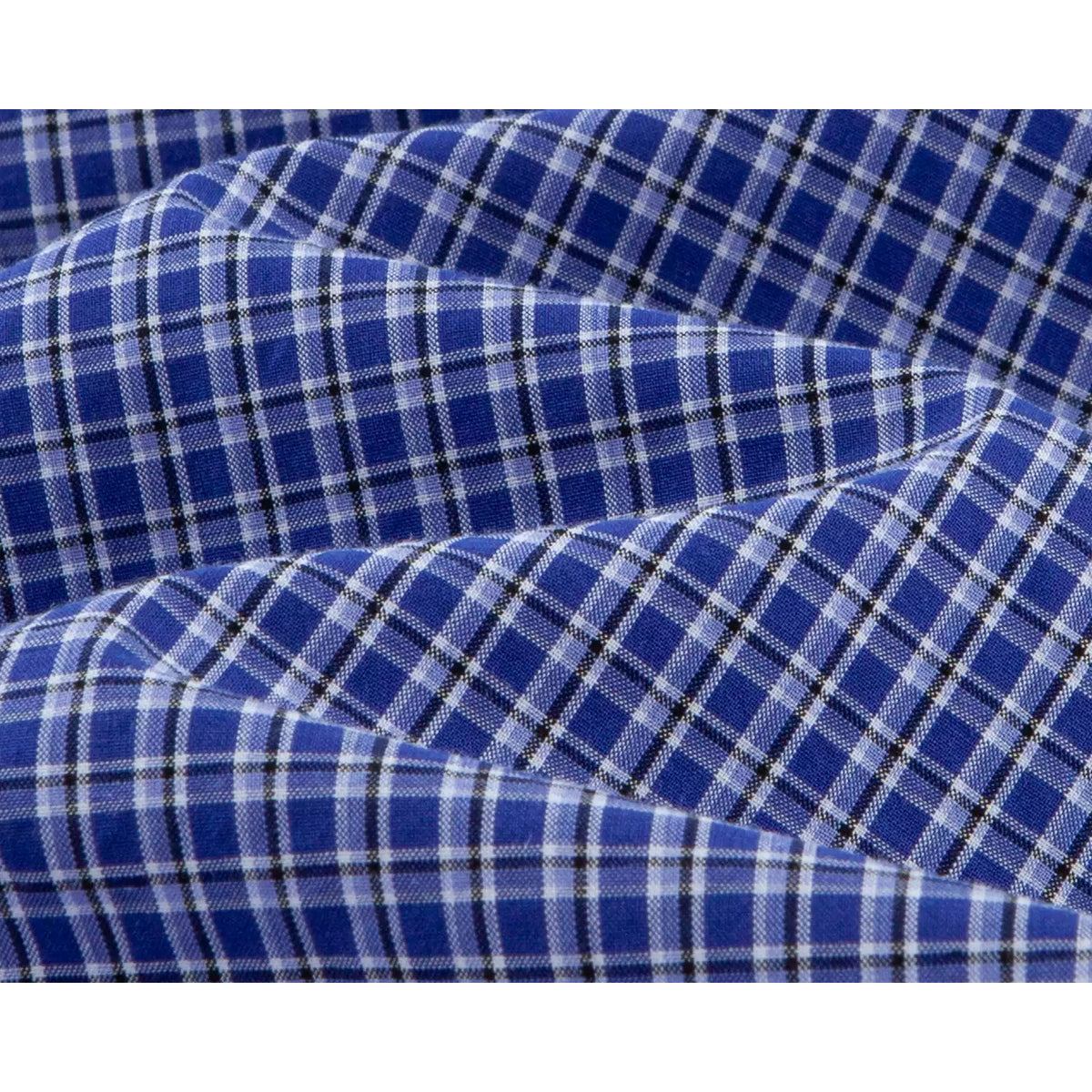 IDLT plaid shirt, blue plaid fabric folds.