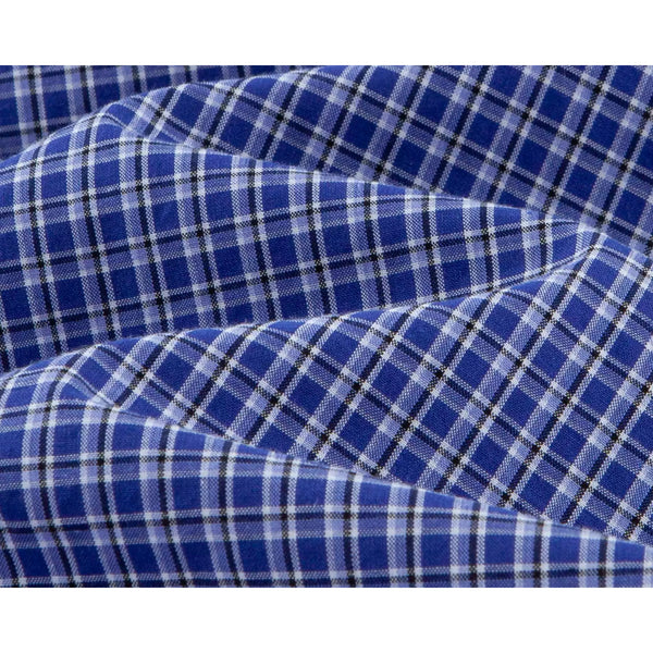 IDLT plaid shirt, blue plaid fabric folds.