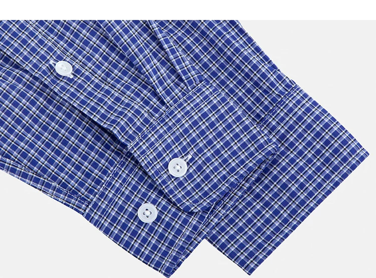 IDLT plaid shirt, blue buttoned cuffs.
