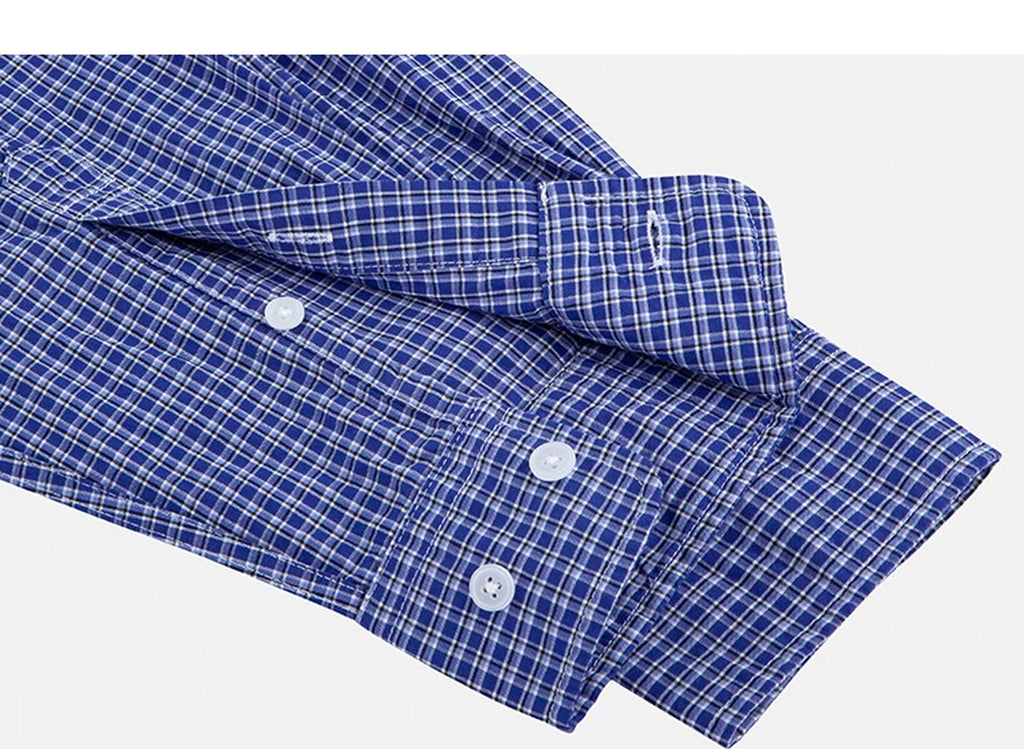 IDLT plaid shirt, blue open cuff construction.