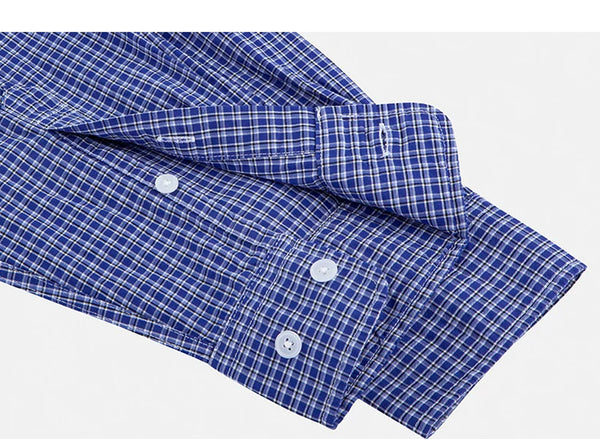 IDLT plaid shirt, blue open cuff construction.