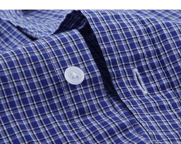 IDLT plaid shirt, blue button stitching close-up.