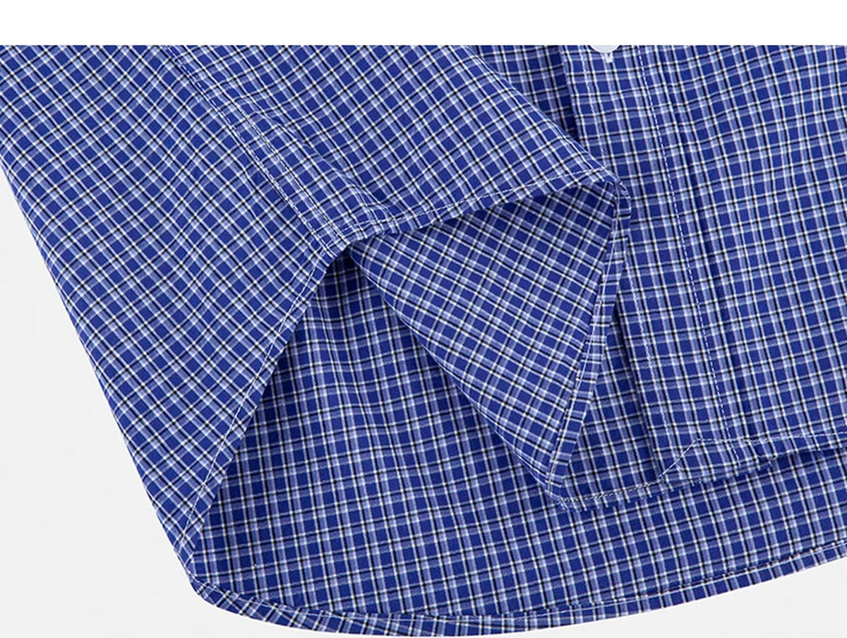 IDLT plaid shirt, blue hem stitching.