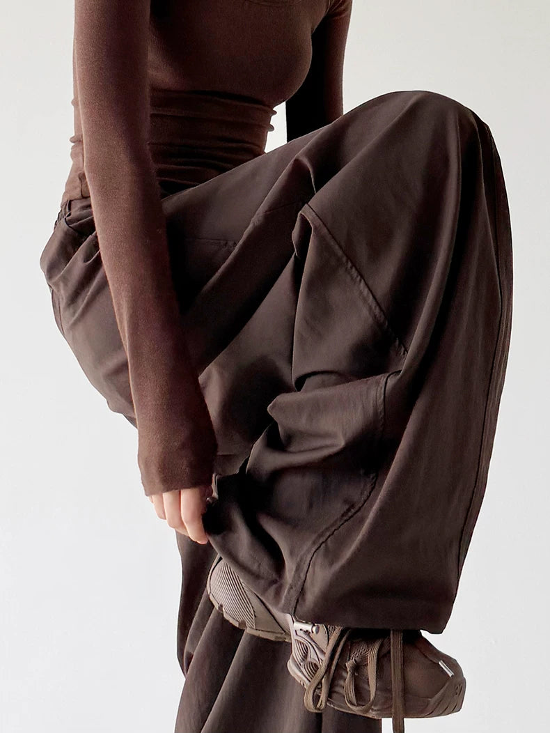 Brown wide-leg pants cuff detail view - CT235
