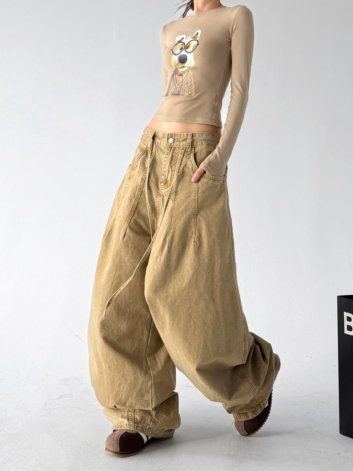 Khaki wide-leg pants - walking view