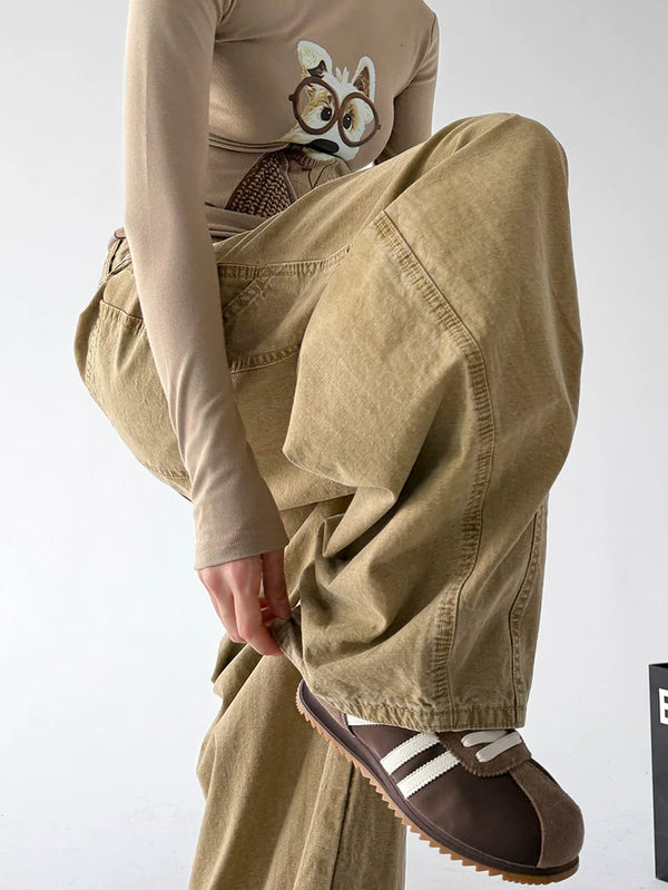 Khaki wide-leg pants raised leg detail