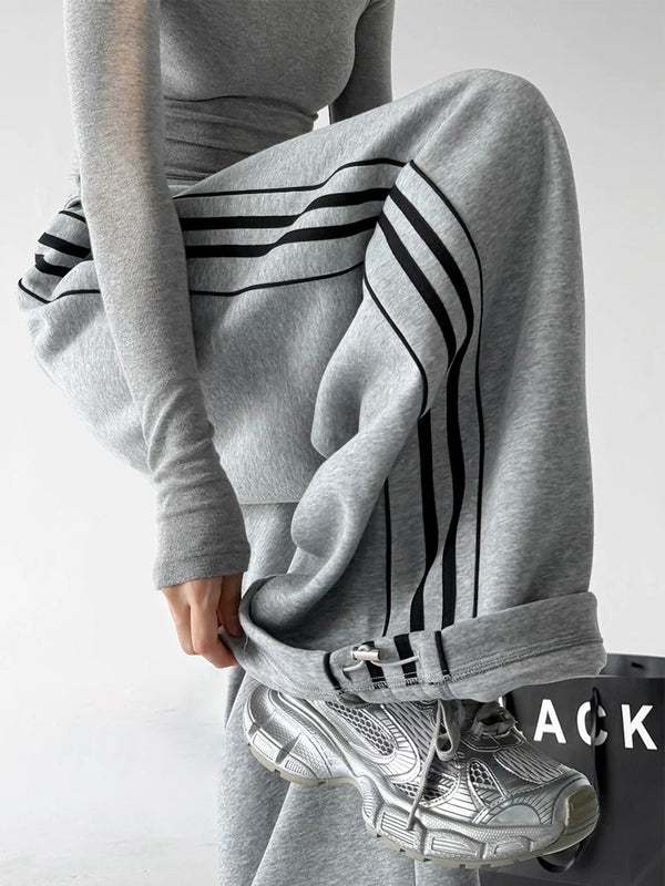 Gray side-striped wide-leg pants - raised leg detail