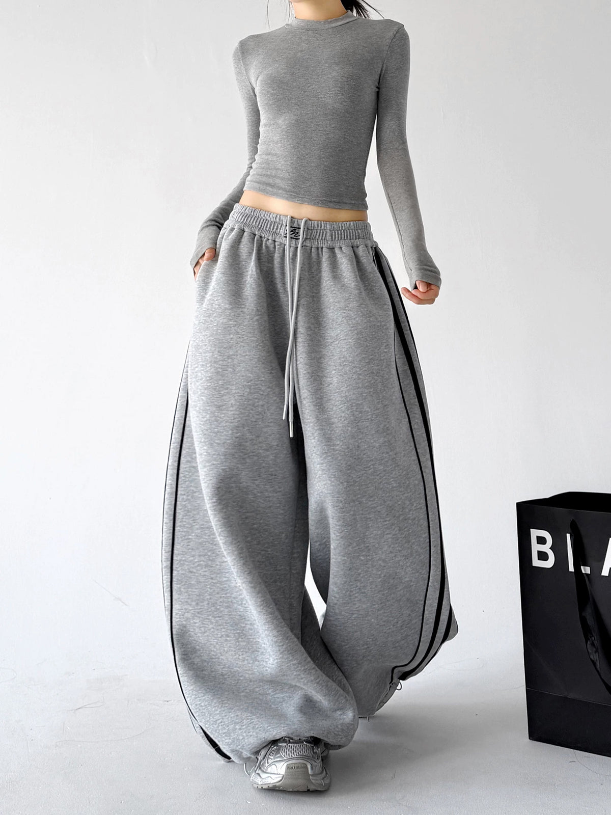 Gray wide-leg pants - walking view