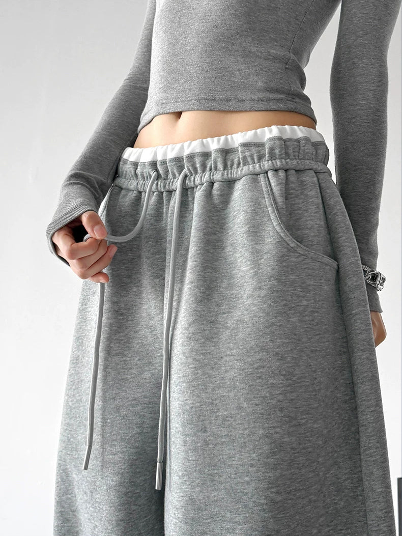 Gray drawstring wide-leg pants waist detail - CT253