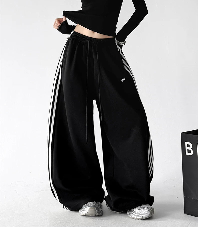 Black side-stripe wide-leg pants front hands - CT260