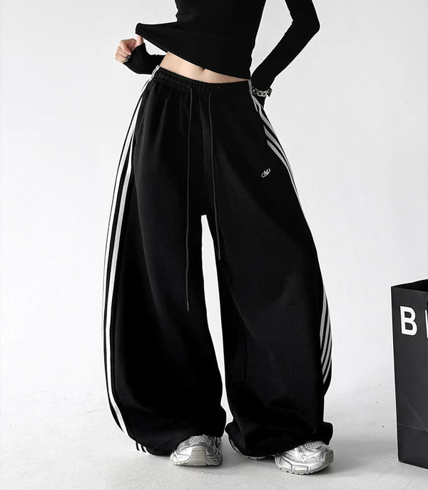 Black side-stripe wide-leg pants front hands - CT260