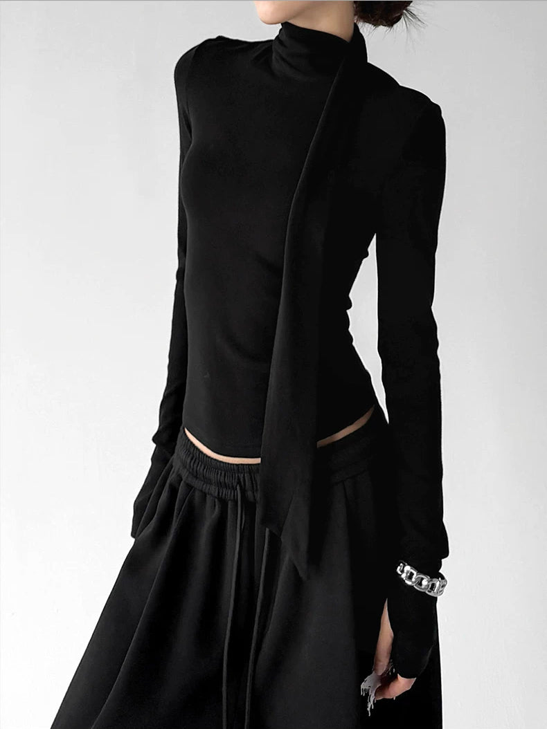 Black scarf-neck long-sleeve top angled front - CT29285