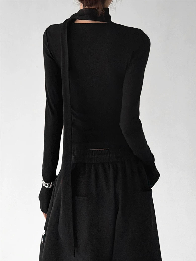 Black scarf-neck long-sleeve top back - CT29285