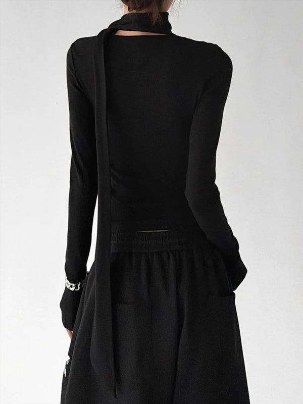 Black scarf-neck long-sleeve top back - CT29285