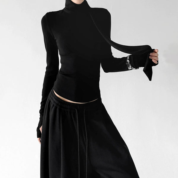 Black scarf-neck long-sleeve top scarf detail - CT29285