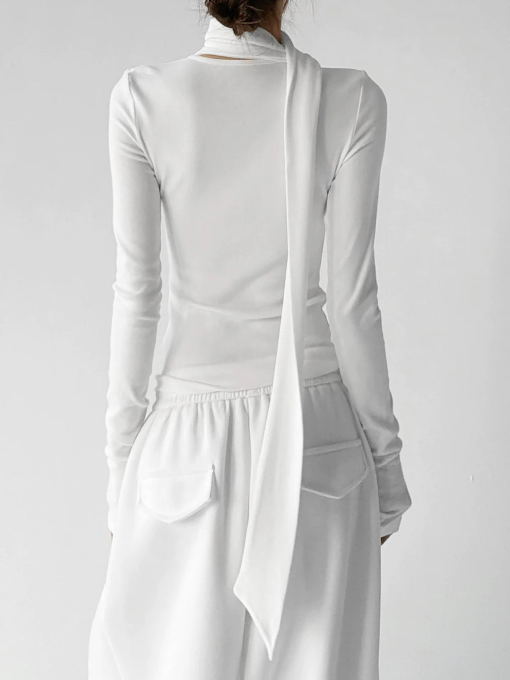 White scarf-neck long-sleeve top back - CT29285