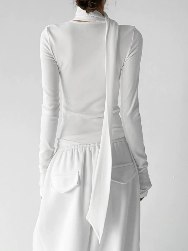White scarf-neck long-sleeve top back - CT29285