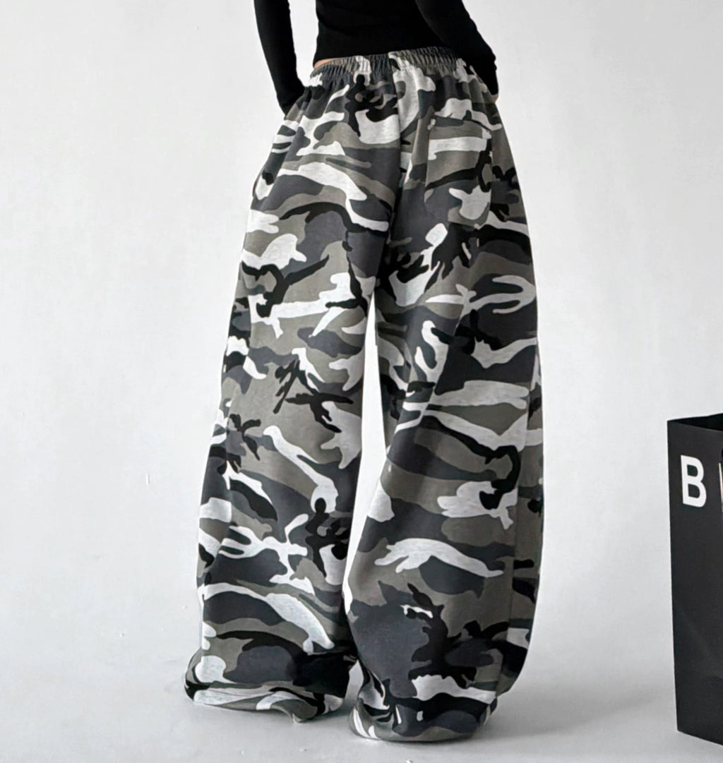 Gray wide leg pants, back view