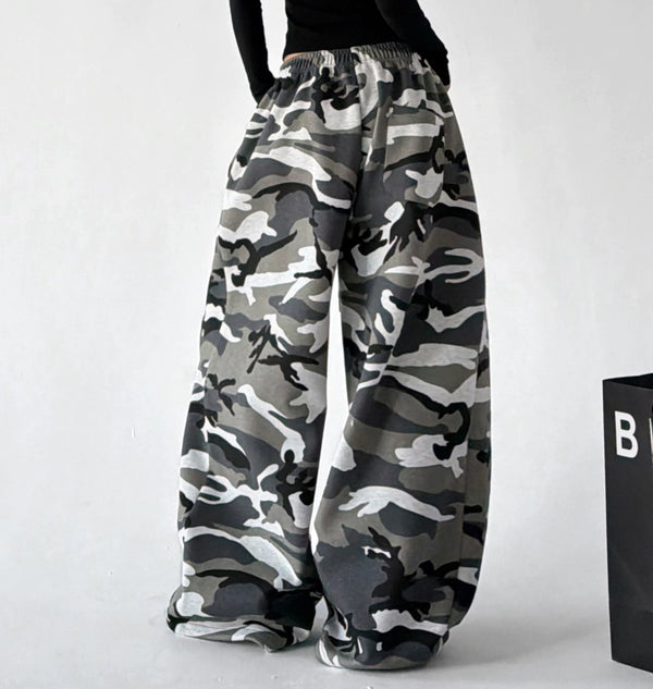 Gray wide leg pants, back view