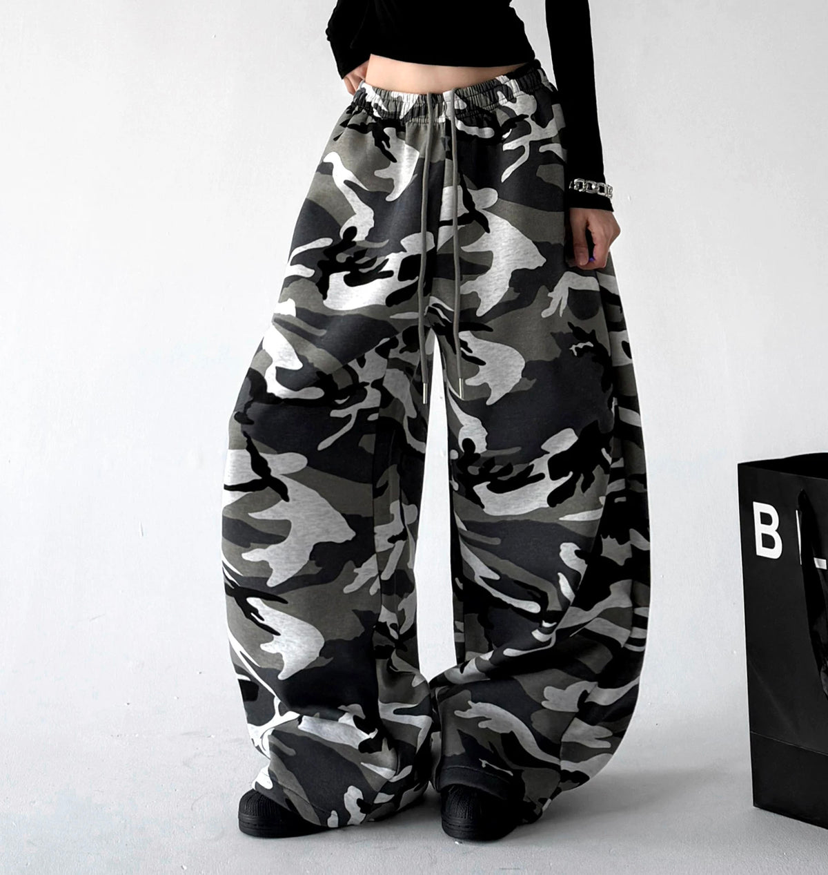Gray wide leg pants, front view