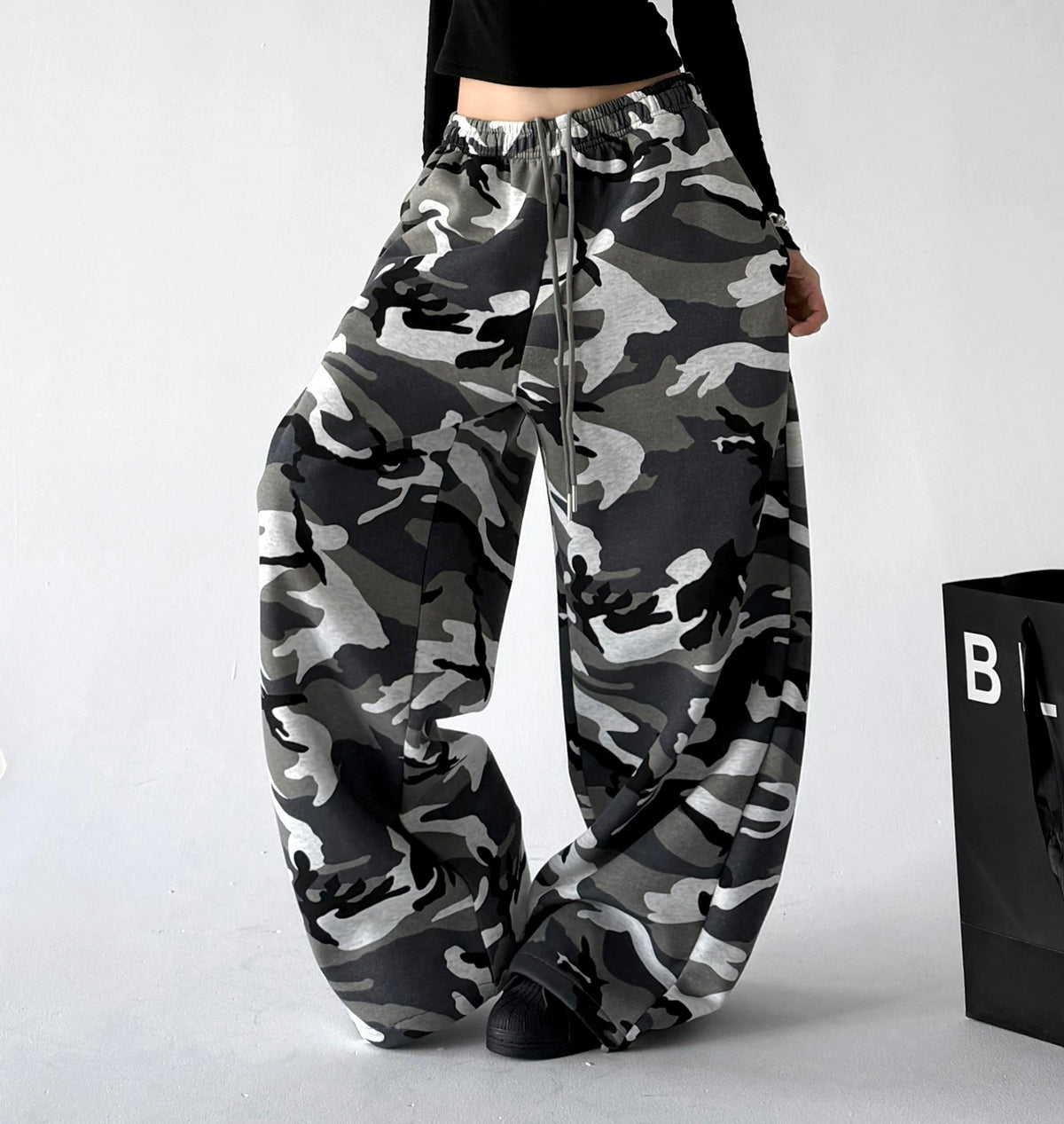 Gray wide leg pants, side view
